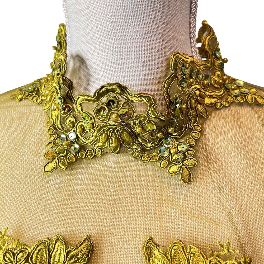 #A048 FT INC Olive Green Embroidered Mesh Top with High Neck, Sequins, XL - Picture 5 of 12